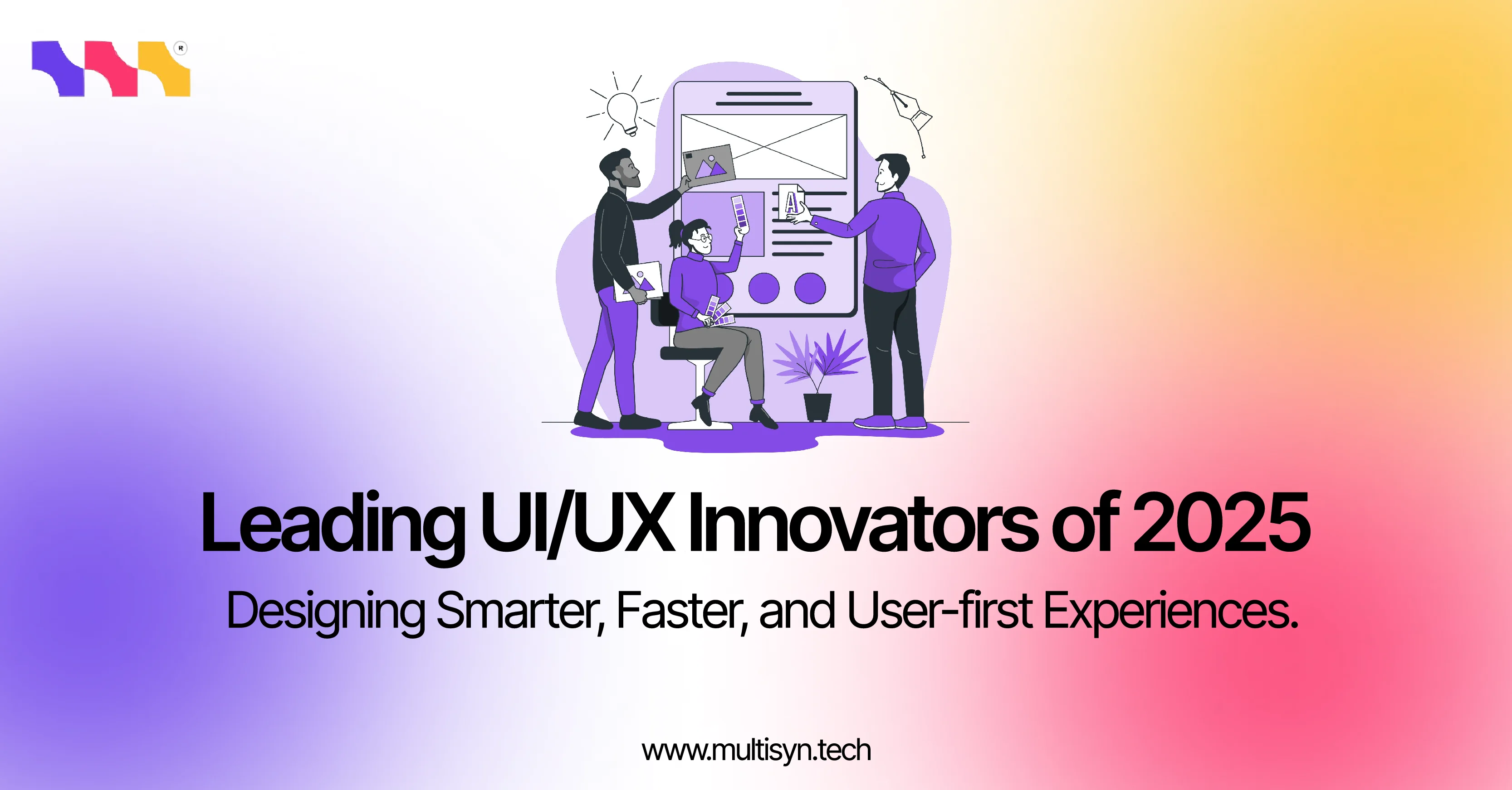 Illustration of a diverse UI/UX design team working collaboratively on a digital interface, highlighting top design innovators of 2025.